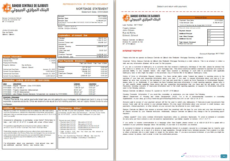 Download Djibouti Central Bank of Djibouti bank mortgage statement, 3 pages, 1 2 scr Photoshop template